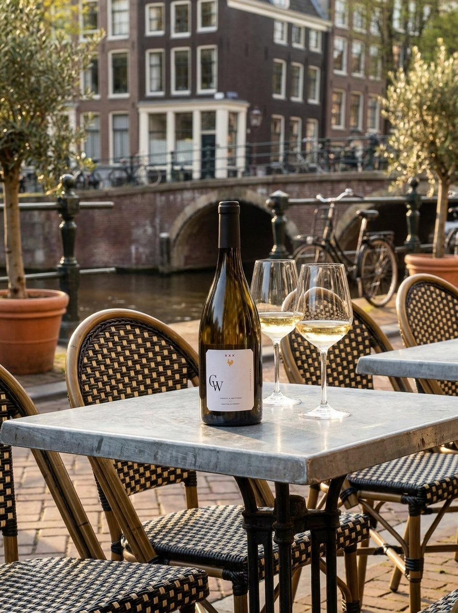 CustomWines private label wijnfles op een cafétafel aan een Amsterdamse gracht
